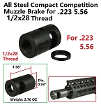 All steel Compact Competition Muzzle Brake Device 1/2X28 Thread For .223 5.56, With Crush Wash