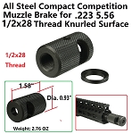 All steel Compact Competition Muzzle Brake Device Knurled Finish 1/2X28 Thread For .223 5.56, With Crush Wash