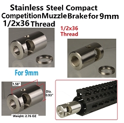 Stainlessl steel Compact Competition Muzzle Brake Device Finish 1/2X36 Thread For 9MM, With Stainless Steel Crush Wash