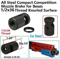 All steel Compact Competition Muzzle Brake Device Knurled Finish 1/2X36 Thread For .9MM, With Crush Wash