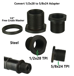  1/2-28 TPI Thread Protector with 5/8-24 TPI Outside Thread, 1/2x28 TPI to 5/8x24 TPI Convertor. Black Steel