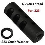 All steel Competition Muzzle Brake Device for .223 5.56, 1/2x28 Pitch, With Crush Washer