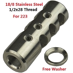 Stainless steel Competition Muzzle Brake Device for .223 5.56, 1/2x28 Pitch, With Stainless Steel Crush Washer
