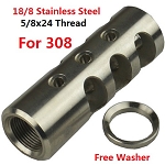 Stainless steel Competition Muzzle Brake Device for .308 5/8X24 Pitch, With Stainless Steel Crush Washer