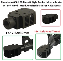 7.62x39mm 14x1 Left Hand Thread Slip Over Alminum 6061 T6 Tanker Style Muzzle Brake Anodized Black