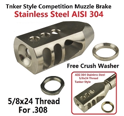  Stainless Steel .308 .338 .300 7.62x39Tanker Style Muzzle Brake 5/8x24 Thread With Crush Washer and Jam Nut 